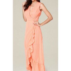 Bebe Textured Ruffle Surplice Maxi Dress Peach Pink NWT Size 2 | Wedding Guest S